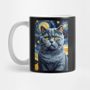 British Shorthair Cat Breed Painting in a Van Gogh Starry Night Art Style Mug